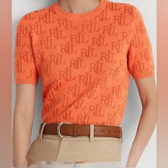 Ralph Lauren Sweaters - Ralph Lauren Sweater monogram jacquard Sweater short sleeves orange sz petite L